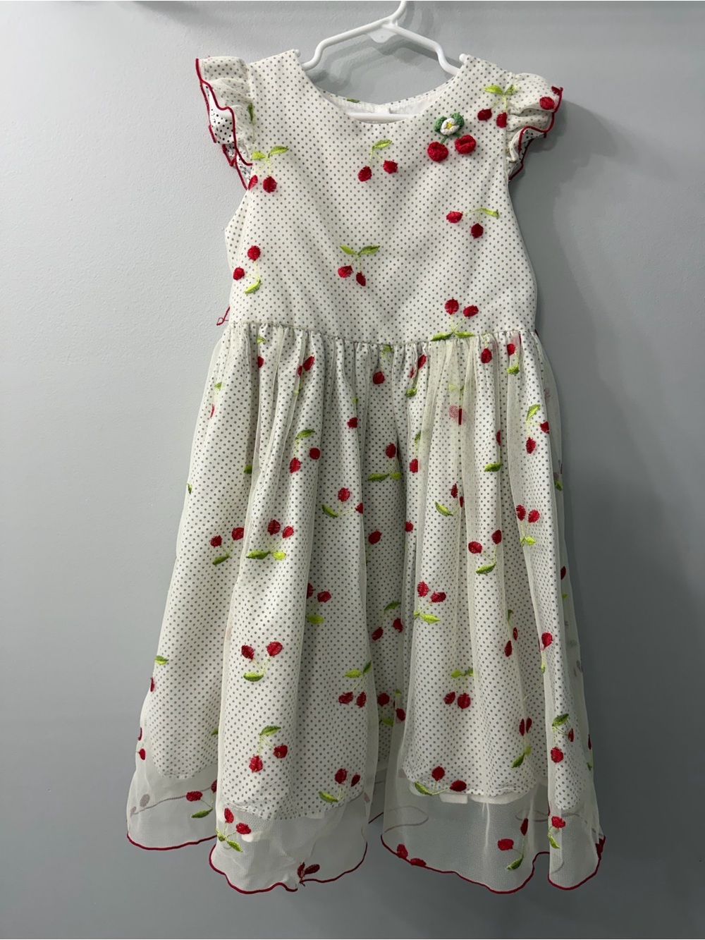 Laura Ashley Retro White Polka Dot Cherry-Print Tulle Dress Size 6X